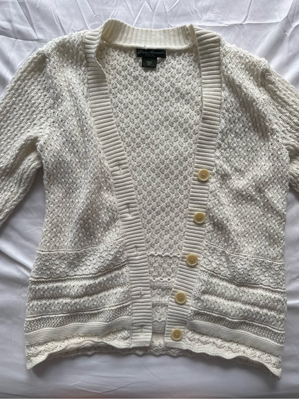 Eddie Bauer White Textured Open Knit Button-Down Cardigan Sweater Size TXL